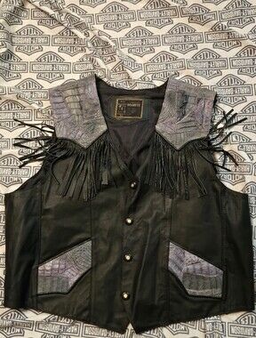 Vintage Black Leather Jacket with Gray Croc-Texture Trim and Fringe